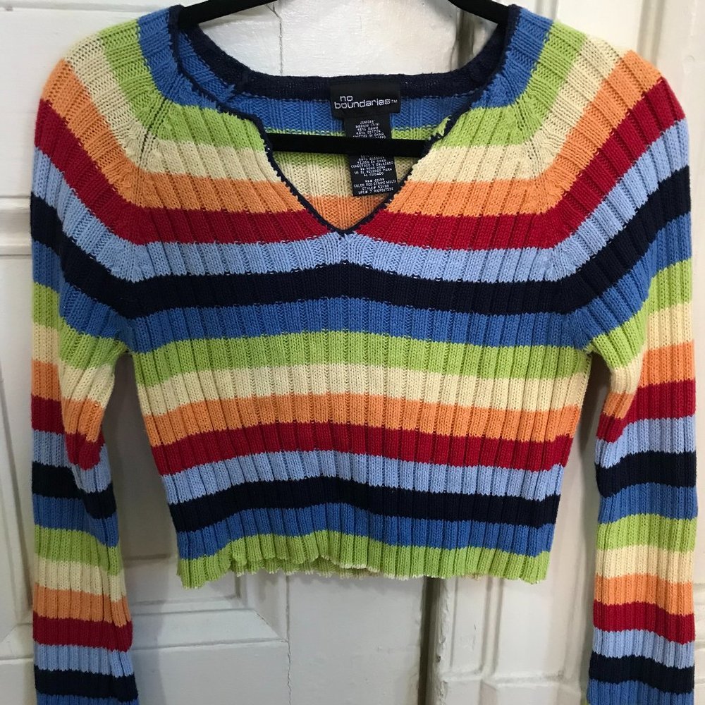 90s no boundaries rainbow colorful striped sweater